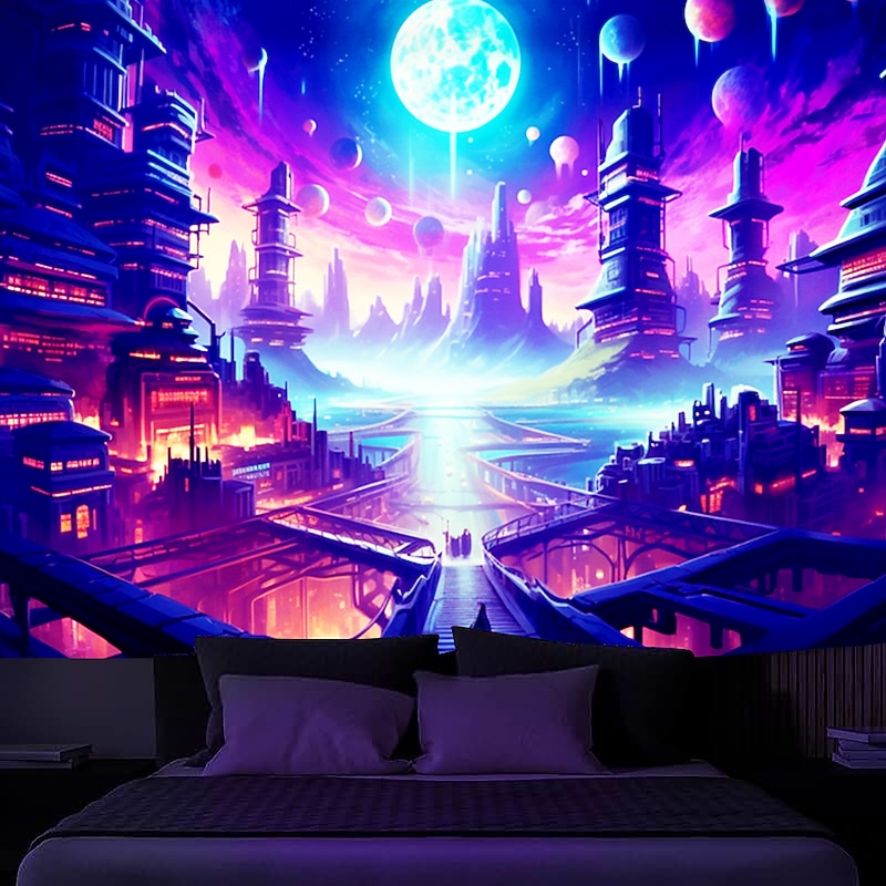 Blacklight Tapestry UV Reactive Glow in the Dark Glow Party Neon Trippy Misty Egypt Architecture Hanging Tapestry Wall Art Mural for Living Room Bedroom2
