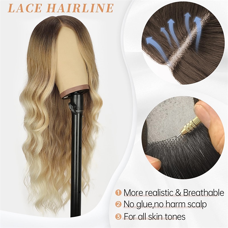 Blonde Wig for Women Long Wavy Lace Hairline Blond Wig Synthetic Middle Part Ombre Blonde Wigs for Daily Party3