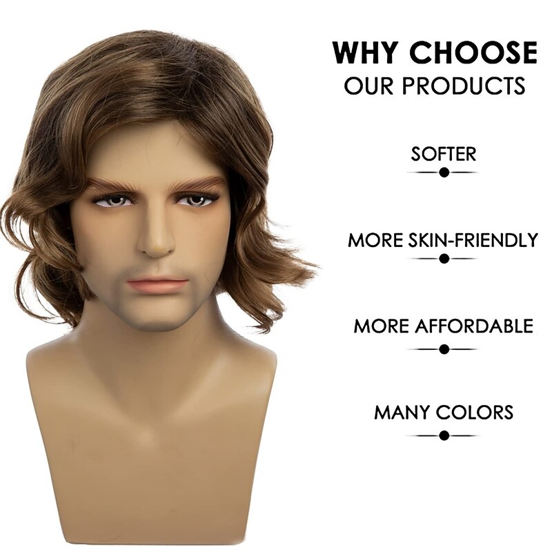 Mens Brown Wig Short Curly Side Part Synthetic Hair Replacement Wig for Daily Party Costume Halloween3