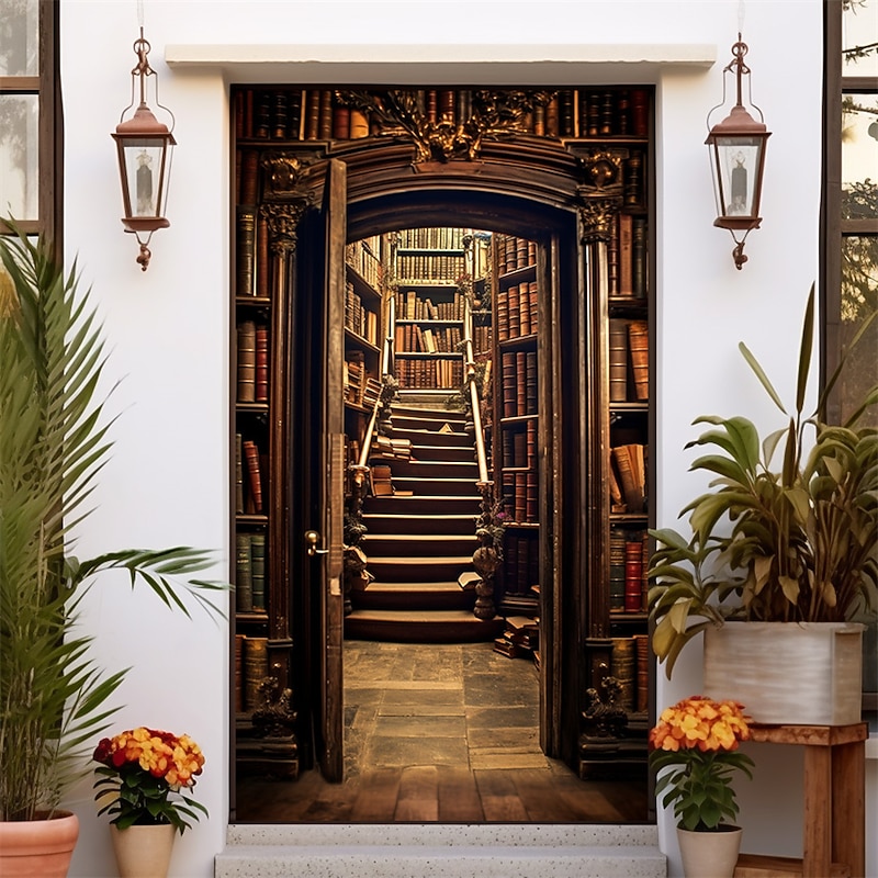 Grand Bookshelf Door Covers Door Tapesty Door Curtain Decoration Backdrop Door Banner for Front Door Farmhouse Holiday Party Decor Supplies4