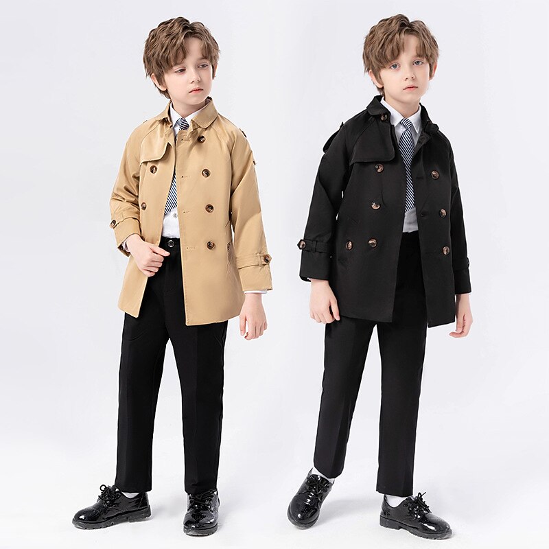 Kids Boys' Trench Coat Outerwear Solid Color Long Sleeve Pocket Buttons Coat School Cool Daily Black 3-piece suit (jacket + pants + tie) Khaki 4-piece set (jacket + pants + shirt + tie) Black 2-piece