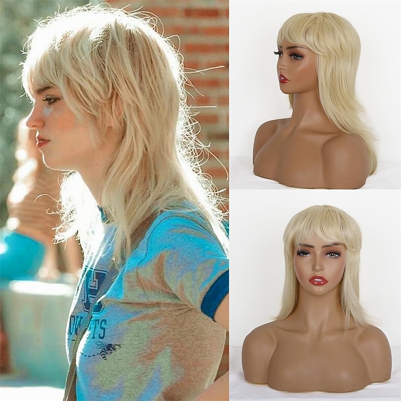 Modern Short Shaggy Mullet Wig for Women 80s Mullet Wig Pixie Cut Wig With Bangs Synthetic Natural Fake Blonde Hair Replacement Wigs with White Highlights 14inch Mullet Haircut(Blonde) Halloween Wigs