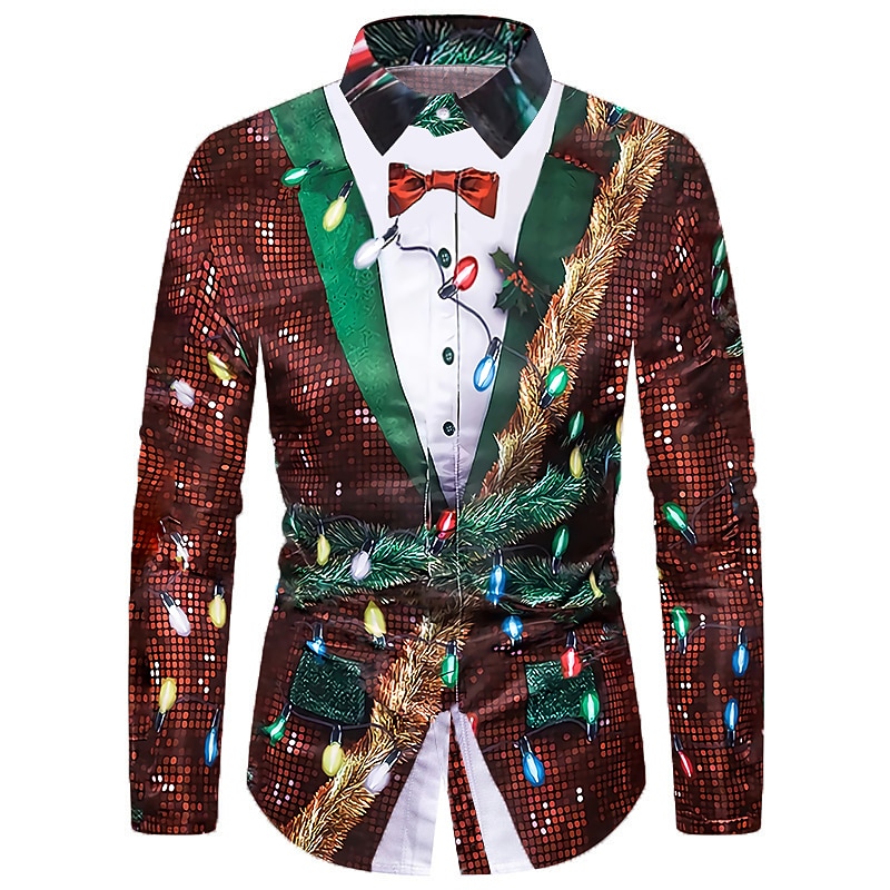 Men's Ugly Christmas Shirt Long Sleeve Shirt Turndown Christmas Street 3D Print Red Blue Purple Green Print Button-Down Clothing Apparel Fashion Designer Casual Soft