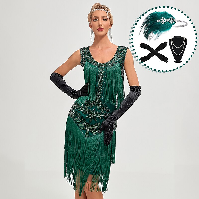 Sets with Flapper Dress Feather Headband Gloves Necklace 4 PCS Roaring 20s 1920s Cocktail Dress Masquerade The Great Gatsby Sequins Tassel Fringe Costumes Women's Attire Christmas Party