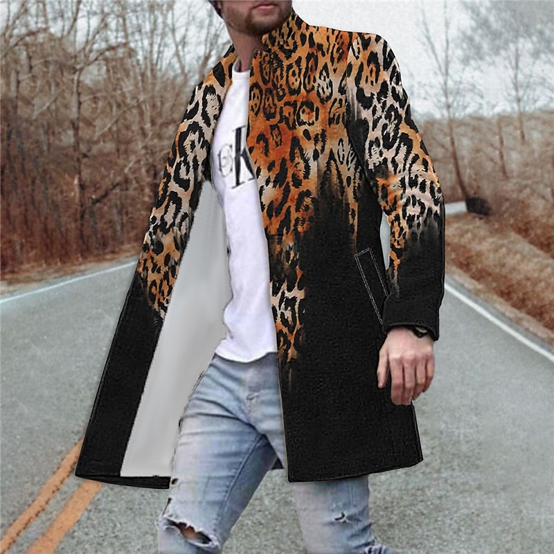 Men's Leopard Graphic Prints Winter Coat Overcoat Coat Warm Comfortable Breathable Fashion Streetwear Business Work Wear to work Going out Pocket Print Fall & Winter Turndown Long Sleeve Yellow Blue
