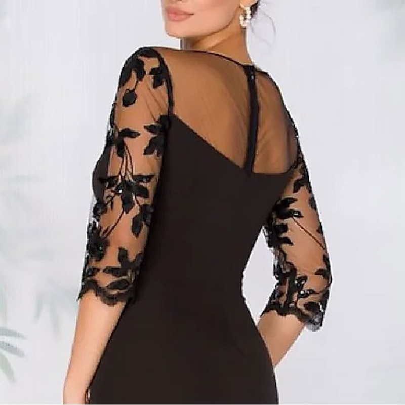 A-Line Mother of the Bride Cocktail Dresses Black Dress Wedding Guest Fall Asymmetrical 3/4 Length Sleeve Jewel Neck Satin with Bow(s) Beading Appliques Dresses2