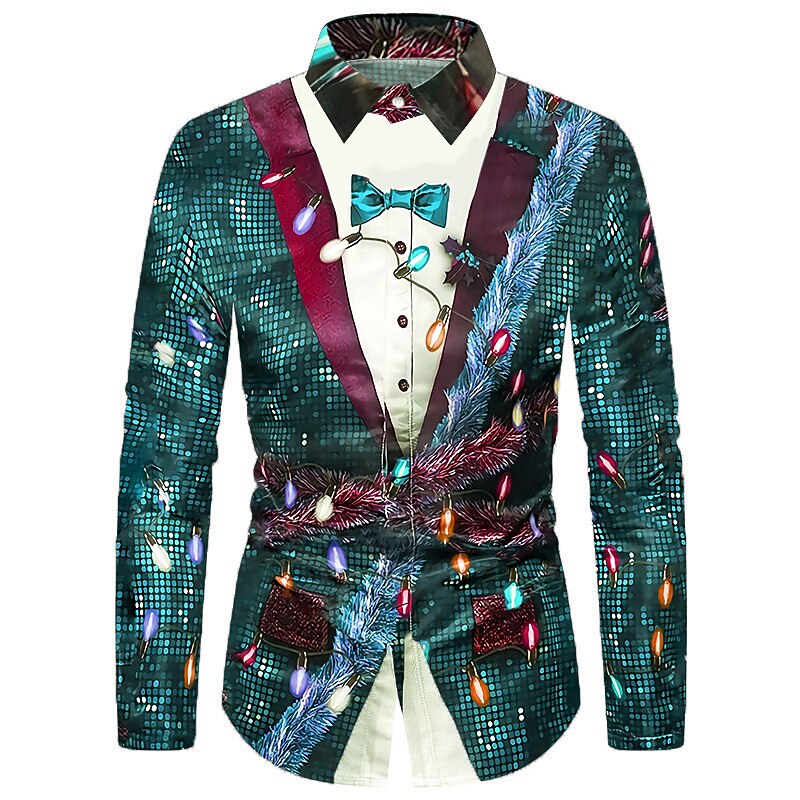 Men's Ugly Christmas Shirt Long Sleeve Shirt Turndown Christmas Street 3D Print Red Blue Purple Green Print Button-Down Clothing Apparel Fashion Designer Casual Soft4