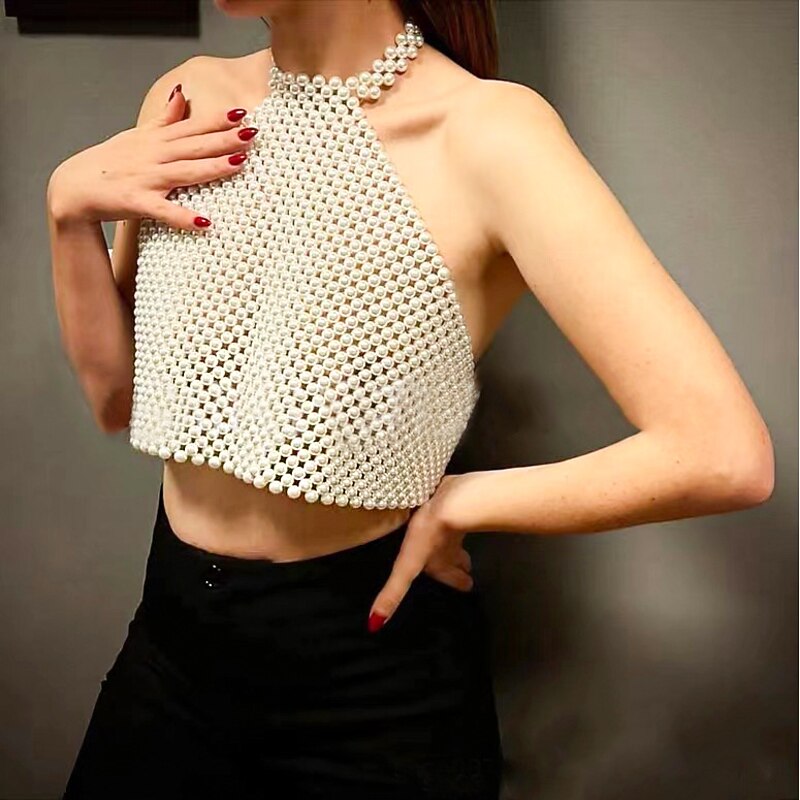 Backless Halter Camisole Crop Tank Top Pearls Beaded Crop Top Solid Color Fancy Dress Women's Carnival Party Club Pride Parade Adults' Tank Top
