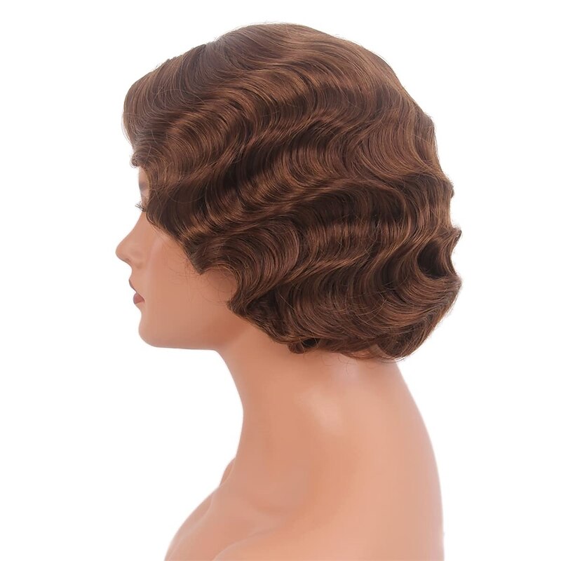 Short Ash Brown 20s Wigs for Women Natural Finger Wave Synthetic Hair Wig for Women Lady Ladies Cosplay Anime Party Costume Anime Flapper Wig Halloween Wigs4