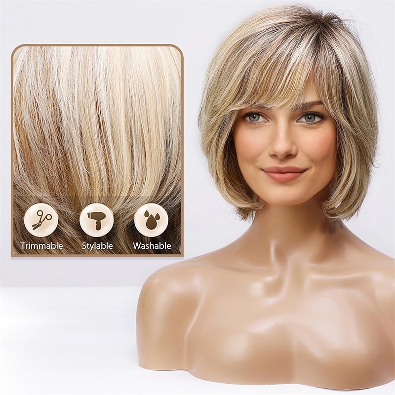 Short Ombre Blonde Wig for Women Hand-Tied Lace Front Human Hair Wig Layered Bob Wig with Bangs Blonde Mixed Brown Natural Wig for Daily Use3