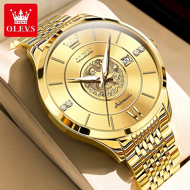 OLEVS Luxury Brand Automatic Men's Watches Golden Dragon Stainless steel Wristwatch Classics Waterproof Mechanical Watch 6693
