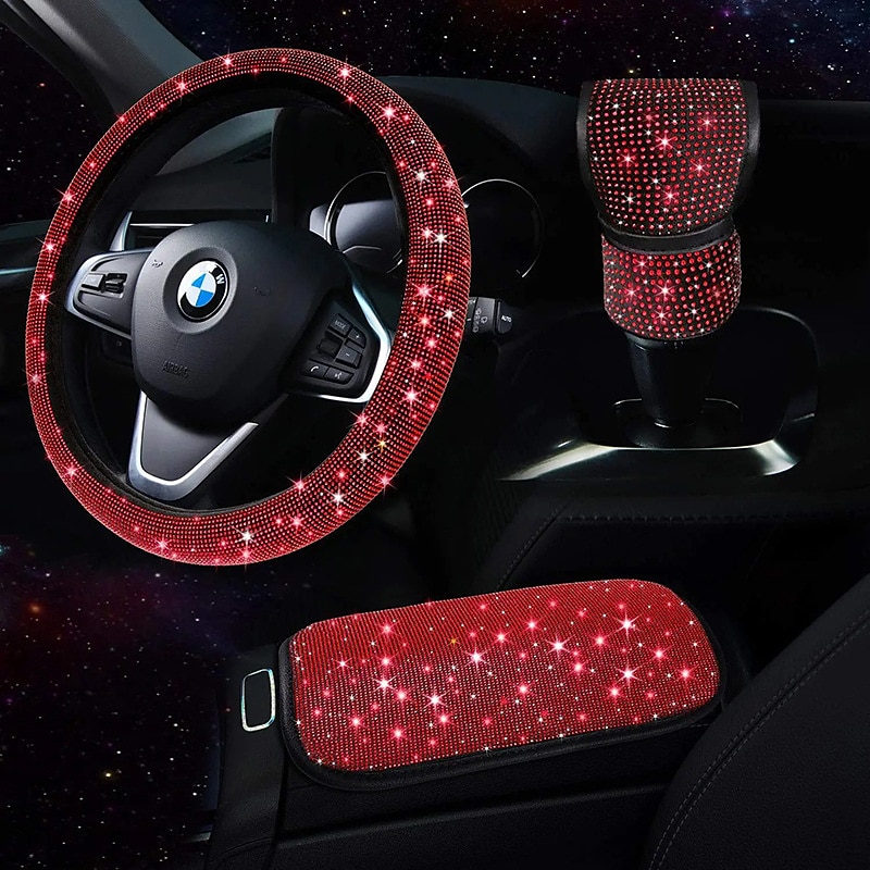 3pcs Bling Car Accessories Set For Women, Bling Steering Wheel Covers Universal Fit 15 Inch4