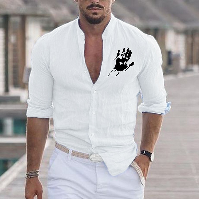 Men's Shirt Hand Outdoor Vacation Black White Red Blue Long Sleeve Stand Collar Spring &  Fall Clothing Apparel Print4