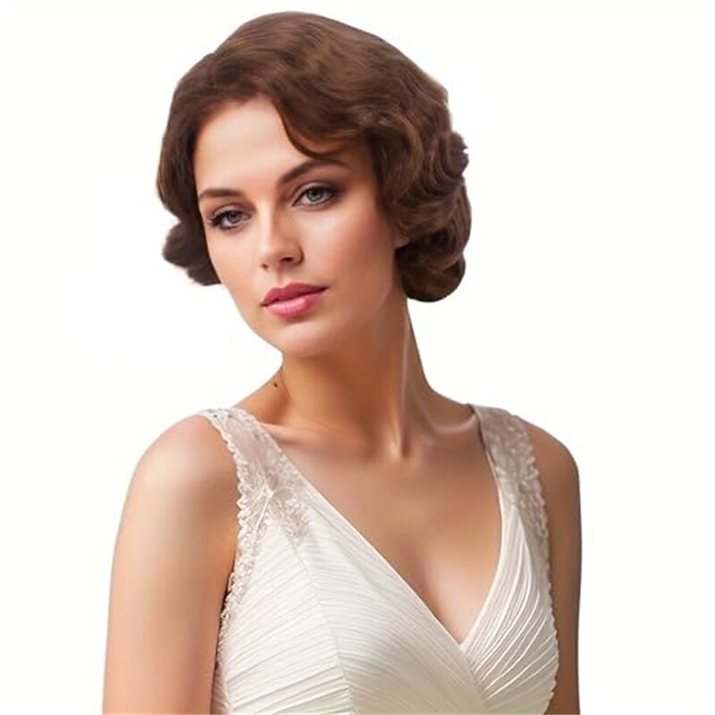 Short Ash Brown 20s Wigs for Women Natural Finger Wave Synthetic Hair Wig for Women Lady Ladies Cosplay Anime Party Costume Anime Flapper Wig Halloween Wigs