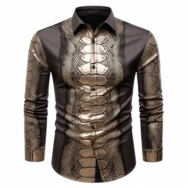 Men's Snake Metallic Shirt Button Up Shirt Long Sleeve Abstract Daily Wear Going out Fall & Winter Turndown Print Button-Down Black Gold Brown Khaki2