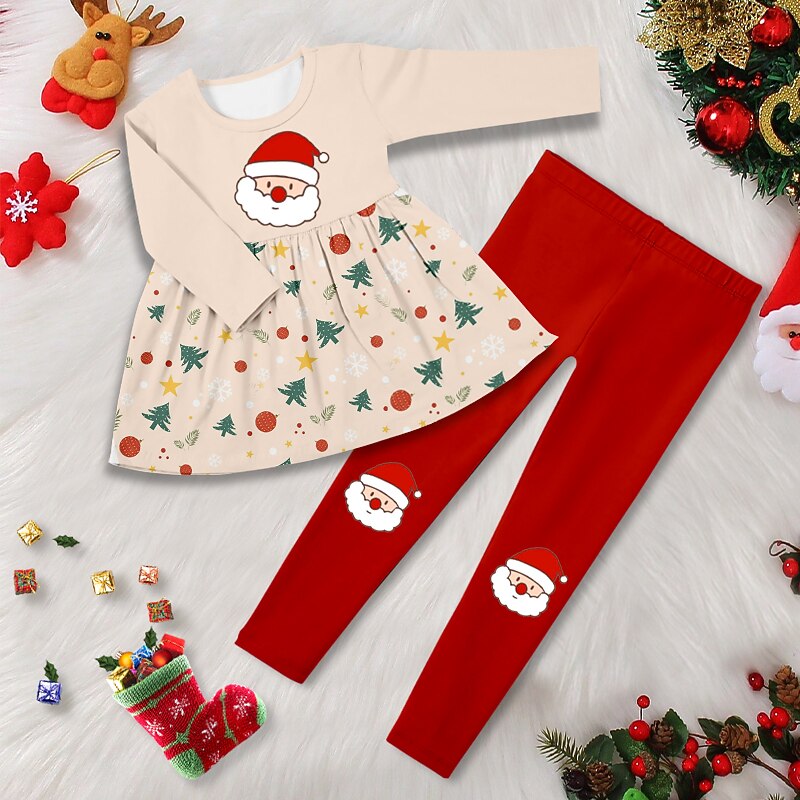 Christmas Girls' 3D Elk T-shirt & legging Ruffle Dress Set Long Sleeve 3D Print Fall Winter Active Fashion Daily Polyester Kids 3-12 Years Outdoor Date Vacation Regular Fit3