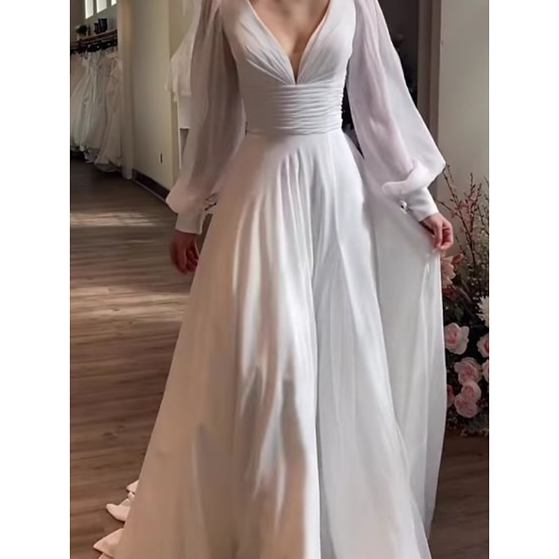 Simple Wedding Dresses Little White Dress Bridal Shower Dresses Wedding Dresses A-Line V Neck Long Sleeve Court Train Chiffon Bridal Gowns With Pleats Ruched2
