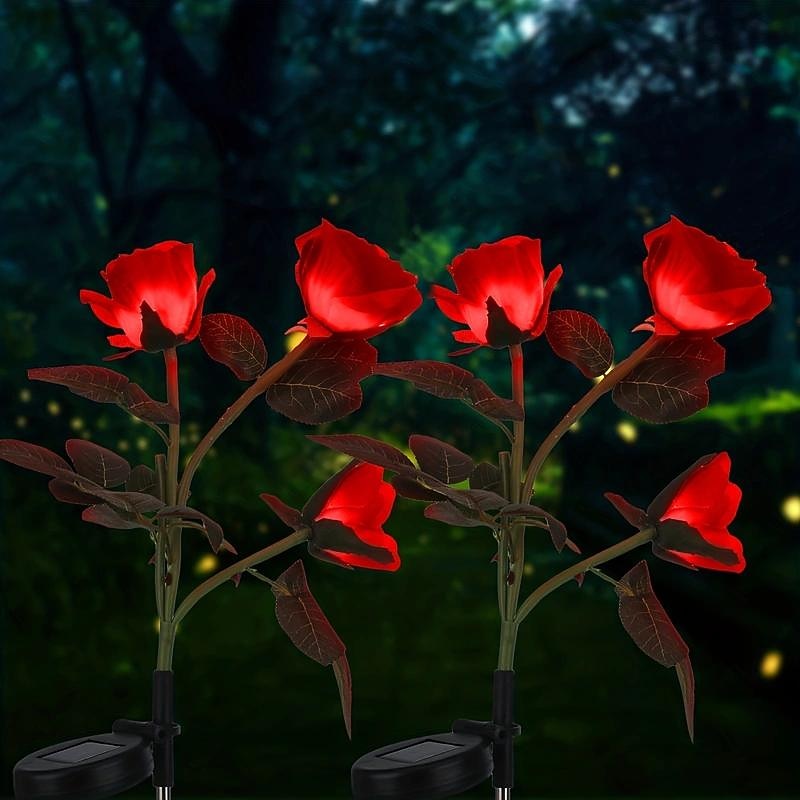 Solar Garden Rose Lights, Valentines Realistic LED Rose Flower Cemetery Decorations Stake Lights for Garden, Courtyard, Yard And Grave Decorative, Waterproof (Red, With 3 Lighted Flower Heads)