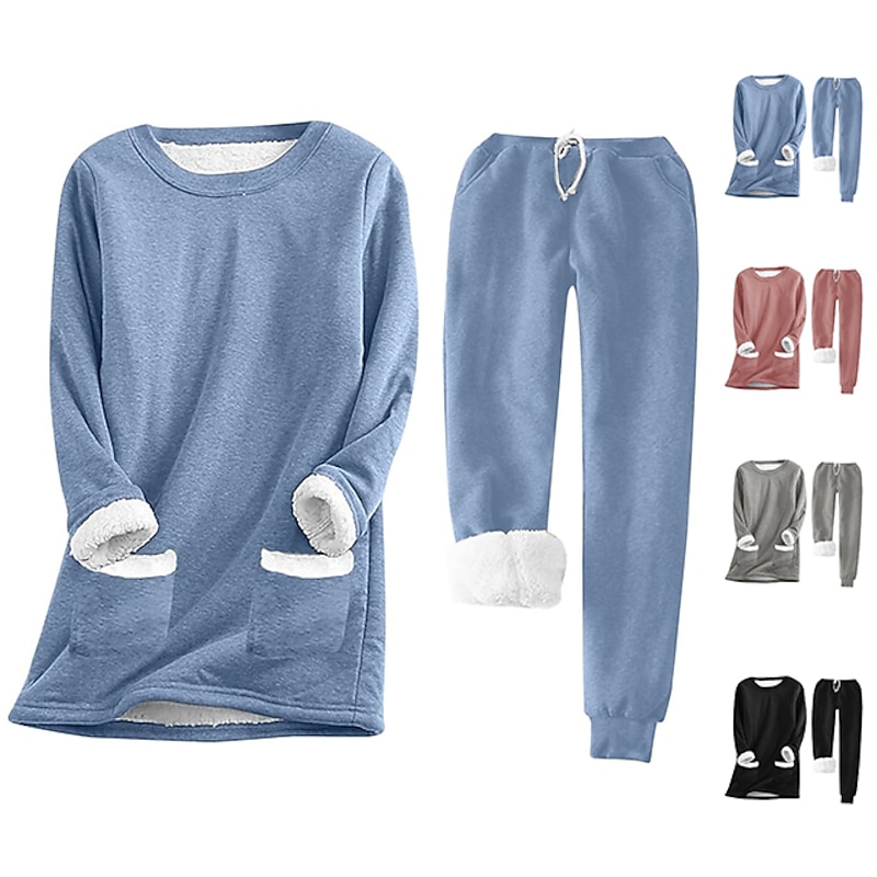 Women's 2 Pieces Warm Fashion Pants Sets Sweatshirt Fleece Pants Pants Trousers Long Sleeve Round Neck Solid Color Drawstring Casual Daily Black Dark Pink Blue Fall & Winter Regular Fit
