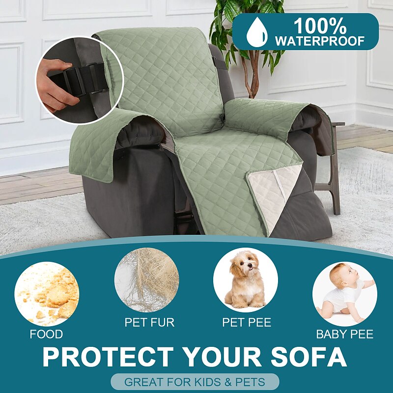 100% Waterproof Recliner Quilted Sofa Cover for Large Reclining Chair Slipcover Seat Reversible Washable Protector with Elastic Adjustable Straps for Kids Pets2