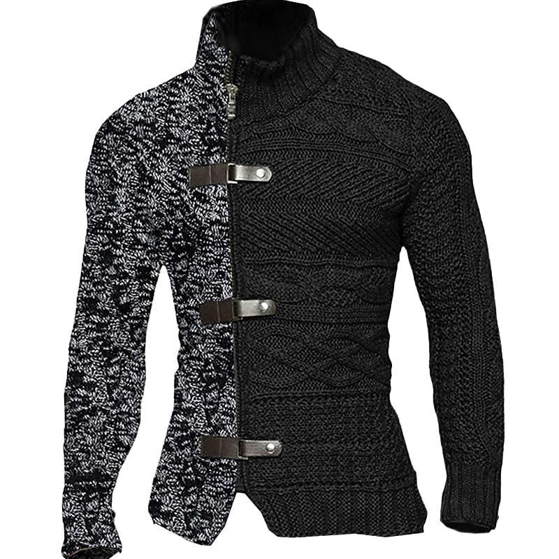 Men's Cardigan Sweater Chunky Cardigan Cropped Sweater Cable Knit Regular Zipper Button Color Block Stand Collar Vintage Warm Ups Casual Daily Wear Clothing Apparel Raglan Sleeves Fall Winter Black2