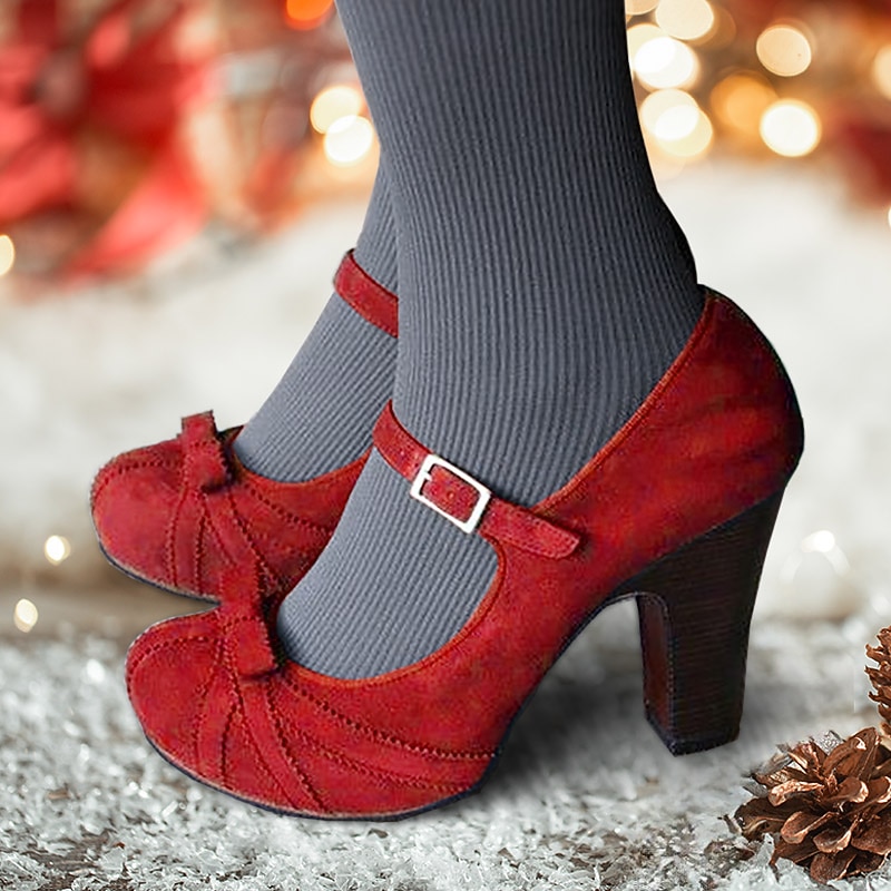 Women's Black Red Suede Mary Jane Heels with Bow Detail and Block Heel - Vintage Style for Parties and Festive Occasions3