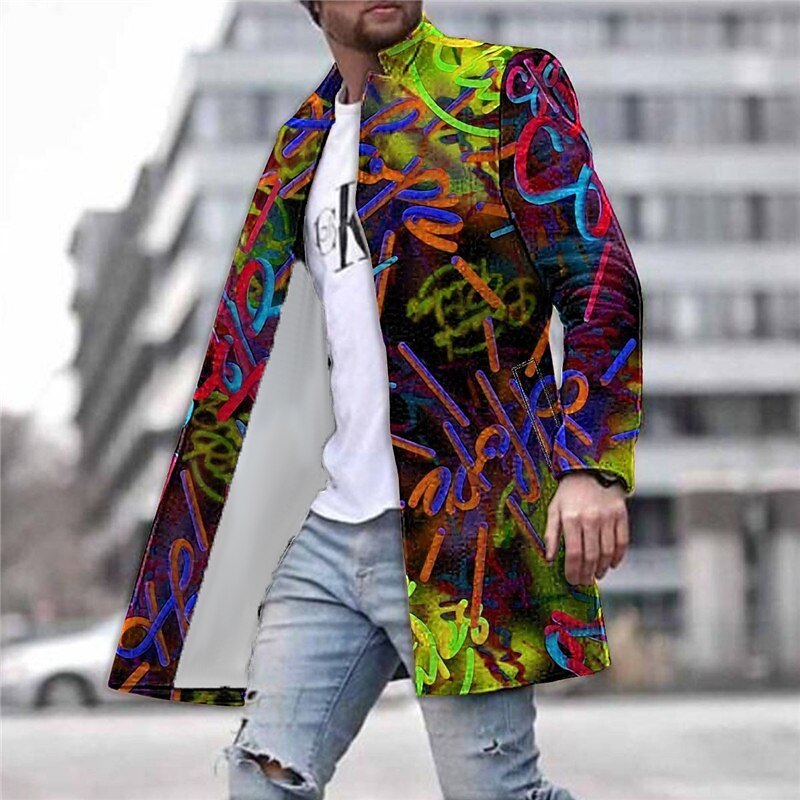 Men's Graphic Prints Graffiti Winter Coat Overcoat Coat Warm Comfortable Breathable Fashion Streetwear Business Work Wear to work Going out Pocket Print Fall & Winter Turndown Long Sleeve Yellow2