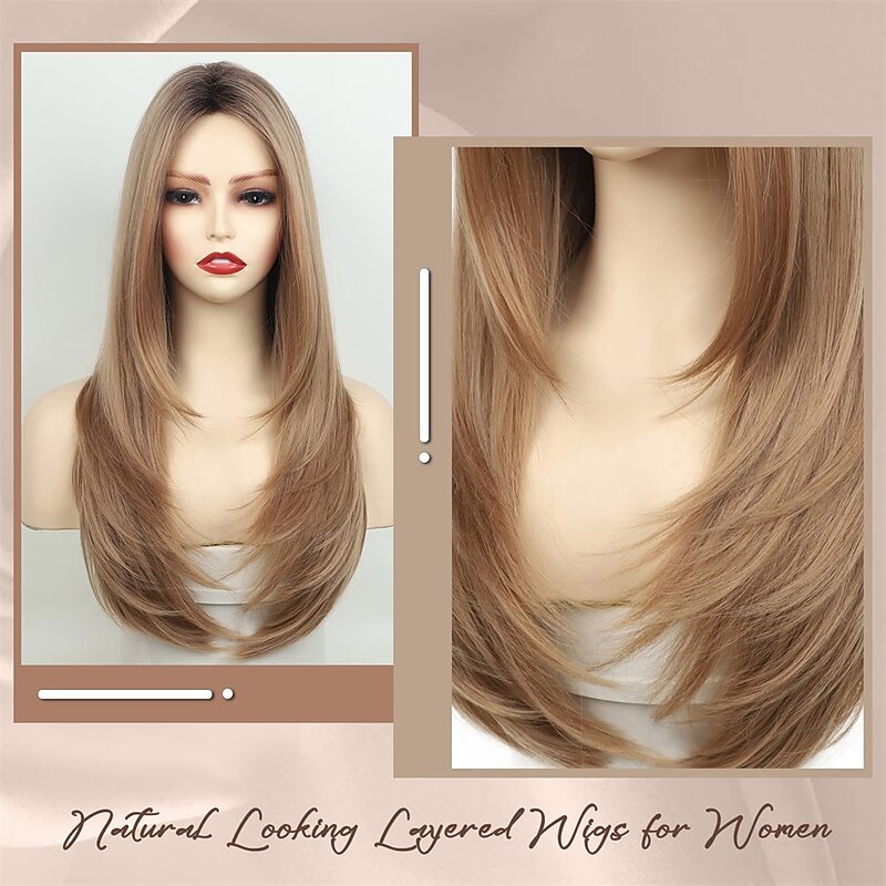 Long Blonde Wigs for White Women Layered Straight Strawberry Blonde Wigs with Dark Roots 25 Inches Synthetic Hair Daily Cosplay Halloween Wig3