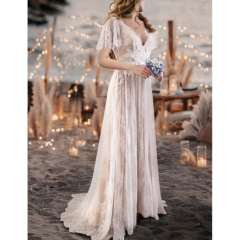 Beach Wedding Beach Sexy Wedding Dresses in Color Boho Wedding Dresses A-Line V Neck Short Sleeve Sweep / Brush Train Lace Bridal Gowns With Sashes / Ribbons Sash / Ribbon2