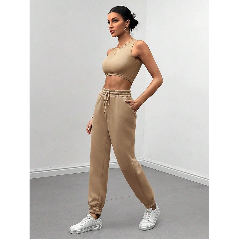 Solid Casual 3 Piece Set, Zip Up Hooded Jacket & Sleeveless Crew Neck Tank Top & Drawstring Elastic Waist Jogger Pants Outfits, Women's Clothing4