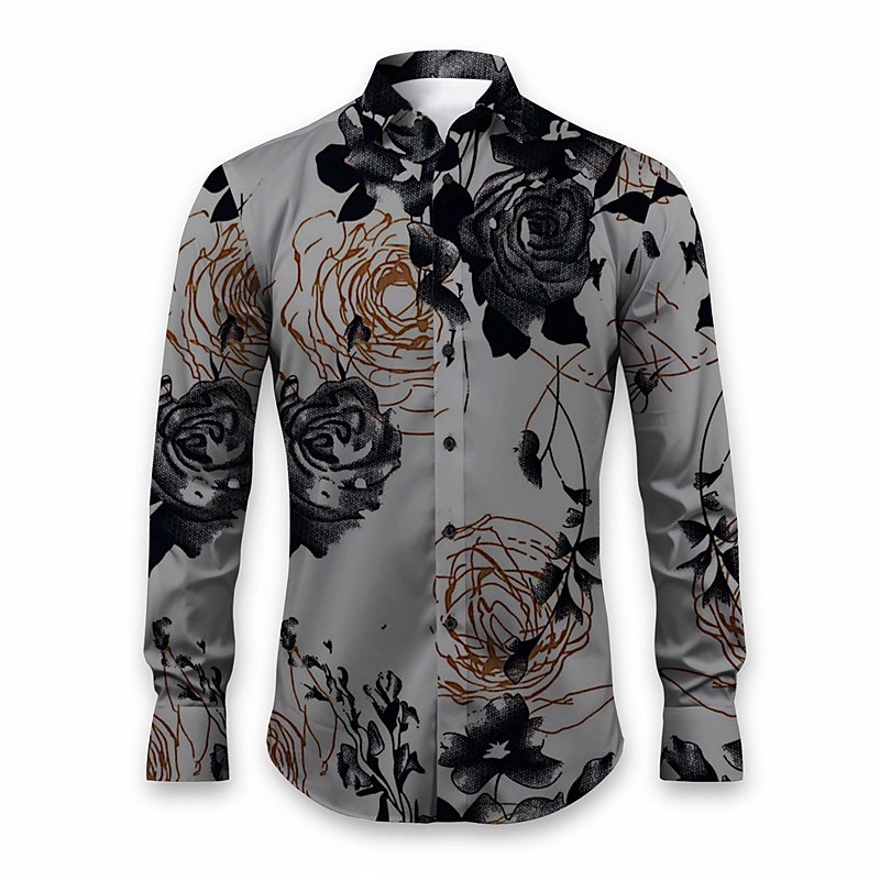Men's Floral Shirt Button Up Shirt Long Sleeve Casual Daily Wear Going out Fall & Winter Turndown Print Button-Down White Khaki Gray3
