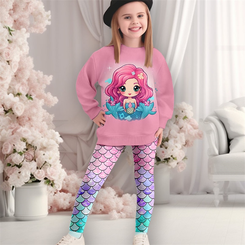 Girls' 3D Mermaid Sweatshirt & Legging Set Pink Long Sleeve 3D Print Fall Winter Active Fashion Daily Kids 3-12 Years Crew Neck Outdoor Vacation Date Regular Fit2