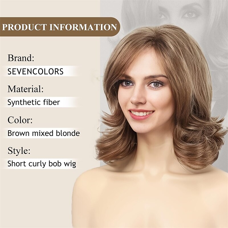 Short Blonde Curly Wigs for White Women Brown Mixed Blonde Bob Wigs with Highlights Side Part Synthetic Natural Hair Short Womens Wigs3