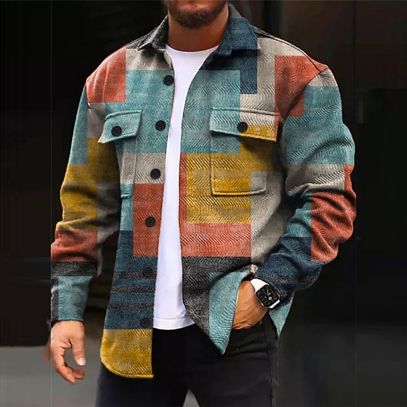 Men's Plaid Geometric Pattern Geometry Shirt Shirt Jacket Overshirt Long Sleeve Casual Outdoor Street Casual Daily Fall & Winter Turndown Buttons Pocket Print Yellow Blue Purple2