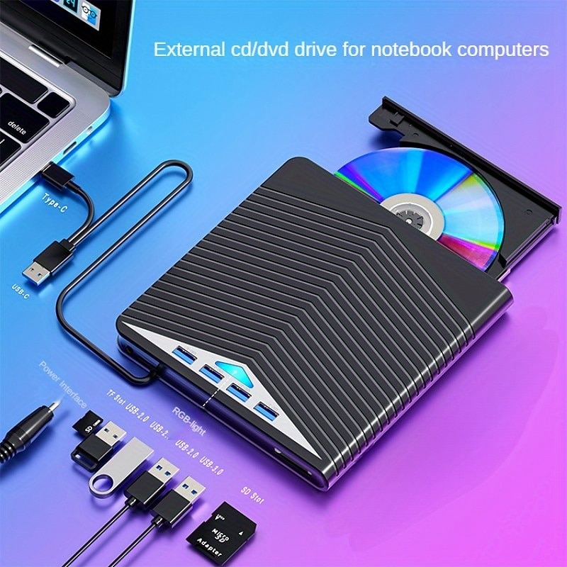 4 USB With LED Lights External CD/DVD Players For Personal Computers CD/DVD Players. Type-C Multi-function Extender Card Reader For Windows/Liunx/Mac Os/for Mac Book/Note Book/for I Mac/Mac OS/SE/ME2