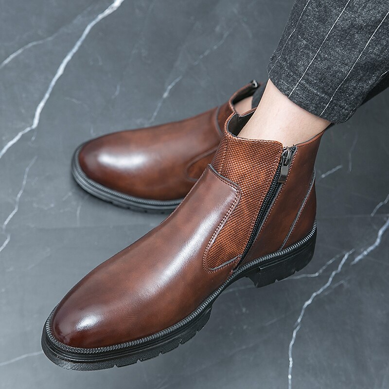 Men's Navy Blue Faux Leather Chelsea Boots, Double Buckle Ankle Boots with Elastic Side for Stylish Durable Wear 39