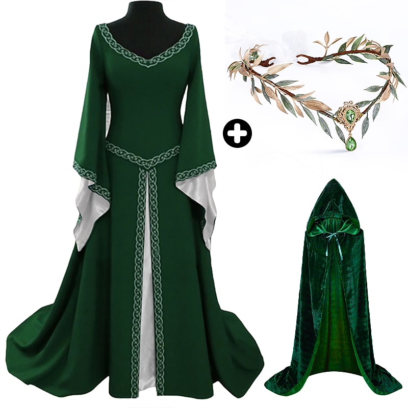 Sets with Irish Dress Glamour Bridal Elf Crown Hooded Cloak 3 PCS Women's Medieval Steampunk Renaissance Retro Vintage Viking Outfits LARP Cosplay Costumes