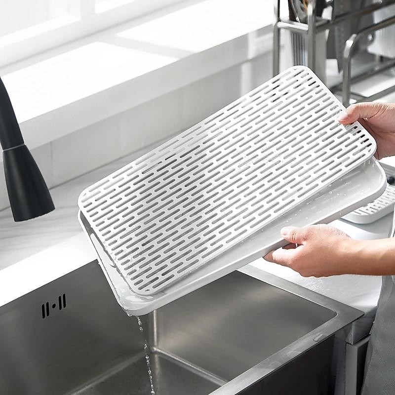 Double-Layer Plastic Dish Rack with Drainage Tray for Tableware, Fruit, and Bowl Storage