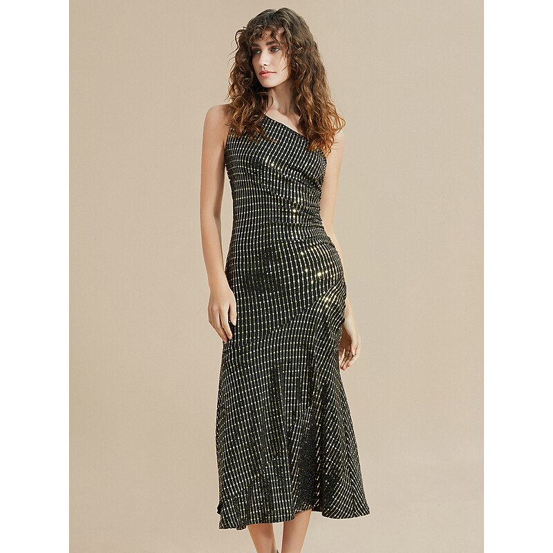 Sequin Stripe Ruffle One Shoulder Midi Dress