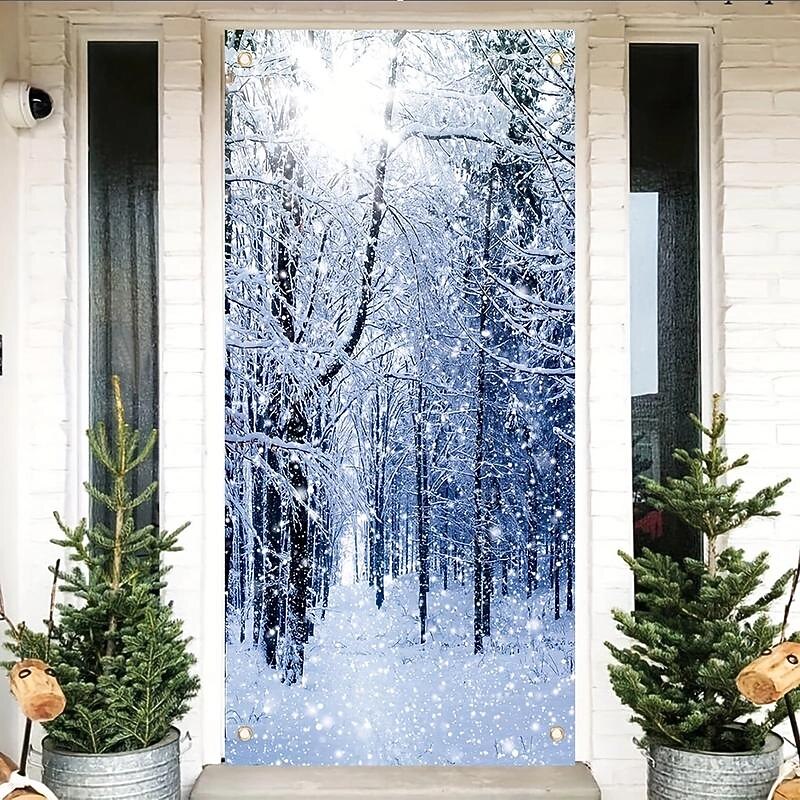 Snowy Forest Winter Door Covers Door Tapestry Door Curtain Decoration Backdrop Door Banner for Front Door Farmhouse Holiday Party Decor Supplies3