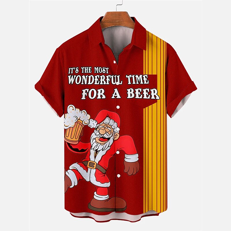 Christmas Men's Funny Christmas Printed Shirts Santa Claus Beer Casual Daily Wear Going out Weekend Autumn / Fall Turndown Short Sleeves Black, Burgundy, Green S, M, L 4-Way Stretch Fabric Christmas3