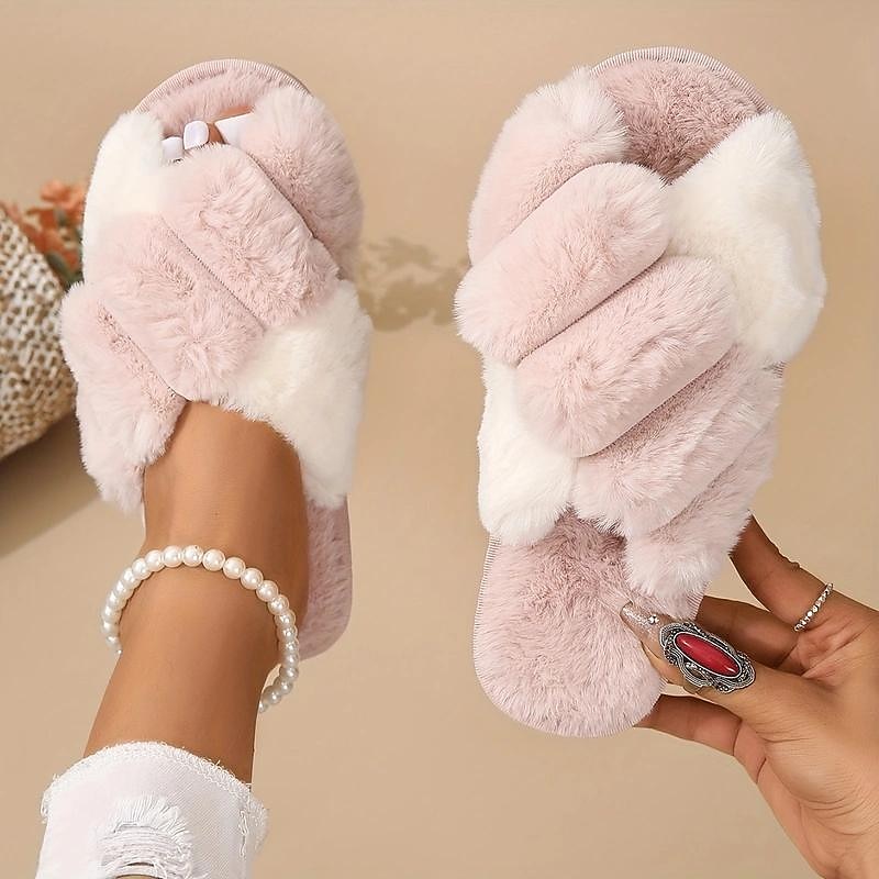 Women's Fluffy Plush Cross-Band Slippers – Soft Indoor Fleece House Slippers for Comfort and Warmth