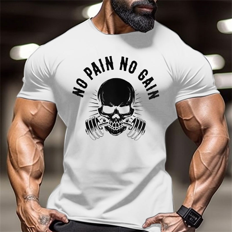 Men's No Pain No Gain Gym T-Shirt | Motivational Skull Graphic Workout Tee2