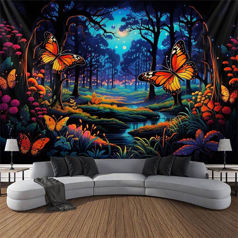 Blacklight Tapestry UV Reactive Glow in the Dark Glow Party Neon Butterflies Forest Trippy Misty Hanging Tapestry Wall Art Mural for Living Room Bedroom2