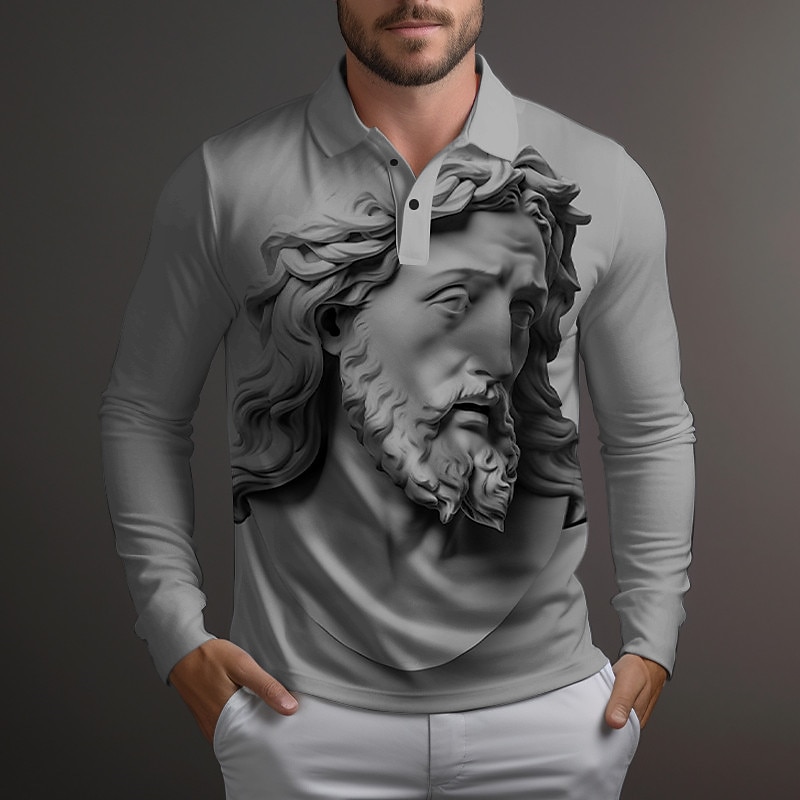 Men's Christian Polo Shirts Golf Shirt Long Sleeve Polo Shirts Collared Shirts Casual Vacation Wear Party Outfits 3D Print Buttons Fall & Winter White Red Blue4