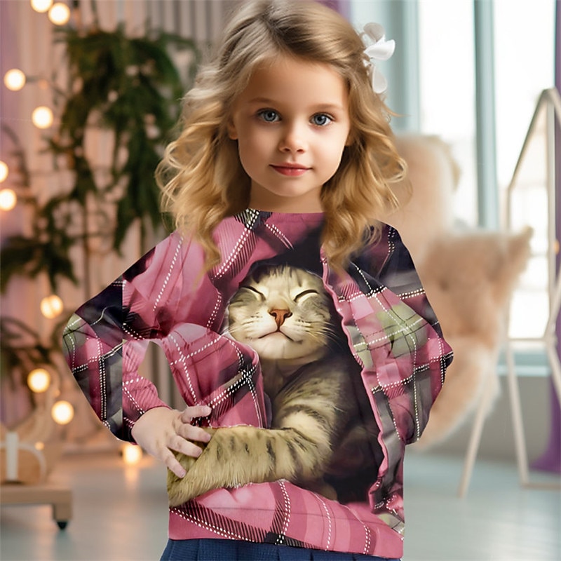 Girls' 3D Plaid Cat Christmas Sweatshirt Sweatshirt Pullover Long Sleeve 3D Print Fall Winter Fashion Streetwear Adorable Kids 3-12 Years 4-13 Years Crew Neck Outdoor Casual Daily Regular Fit2