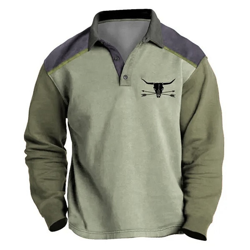 Men's Western Wear Polo Shirts Golf Shirt Long Sleeve Polo Shirts Collared Shirts Vintage Casual Vacation Wear Party Outfits 3D Print Buttons Fall & Winter Blue Brown Green2