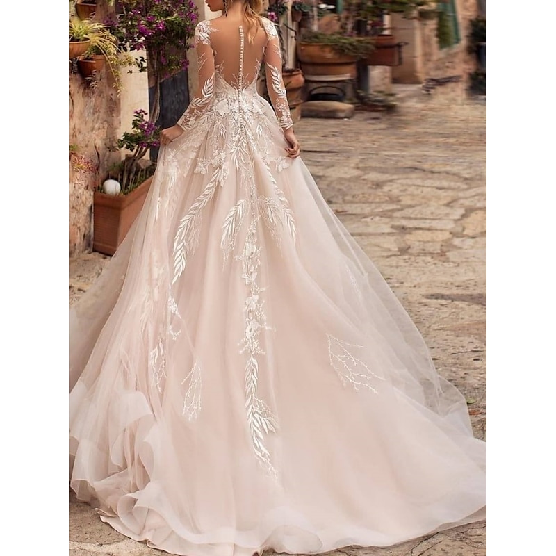 Beach Wedding Formal Wedding Dresses A-Line V Neck Long Sleeve Court Train Tulle Bridal Gowns With Pleats Appliques2