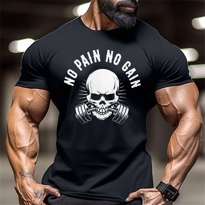 Men's No Pain No Gain Gym T-Shirt | Motivational Skull Graphic Workout Tee