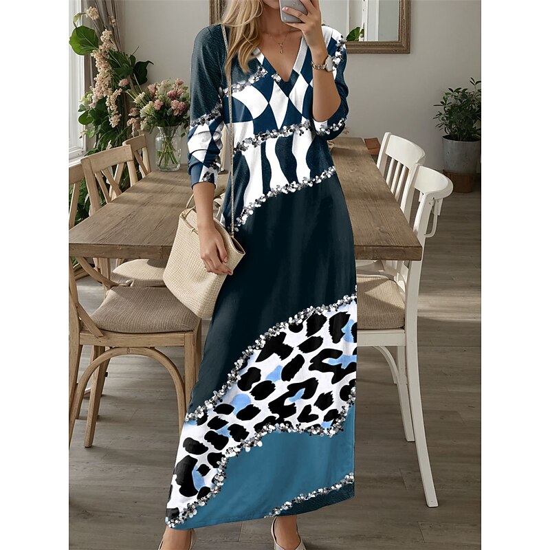 Women's Maxi Dress Casual Dress Winter Dress T Shirt Dress Tee Dress Leopard Color Block Pocket Print V Neck Long Dress Maxi Dress Date Vacation Long Sleeve Fall Winter4